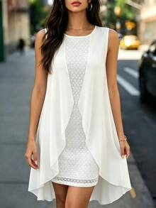 SHEIN Elenzya Vestido de gasa sin mangas con parches de encaje, estilo europeo y americano para tallas grandes - Blanco - Ver 1