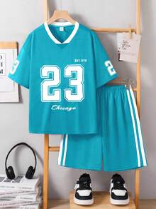 SHEIN Tween Boy Loose Fit Sports Short Sleeve & Shorts Set - Green - View 6