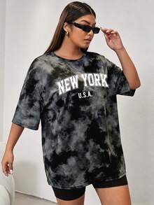 Muchica Áo thun tay ngắn cổ tròn dáng rộng, tối giản, họa tiết chữ New York nhuộm tie-dye, thích hợp cho mùa hè. - Nhiều màu - Xem 4