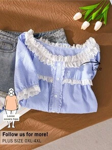 CosyJoli Áo kiểu mùa hè cỡ lớn kẻ sọc viền ren dáng thường ngày - Màu xanh lam - Xem 1