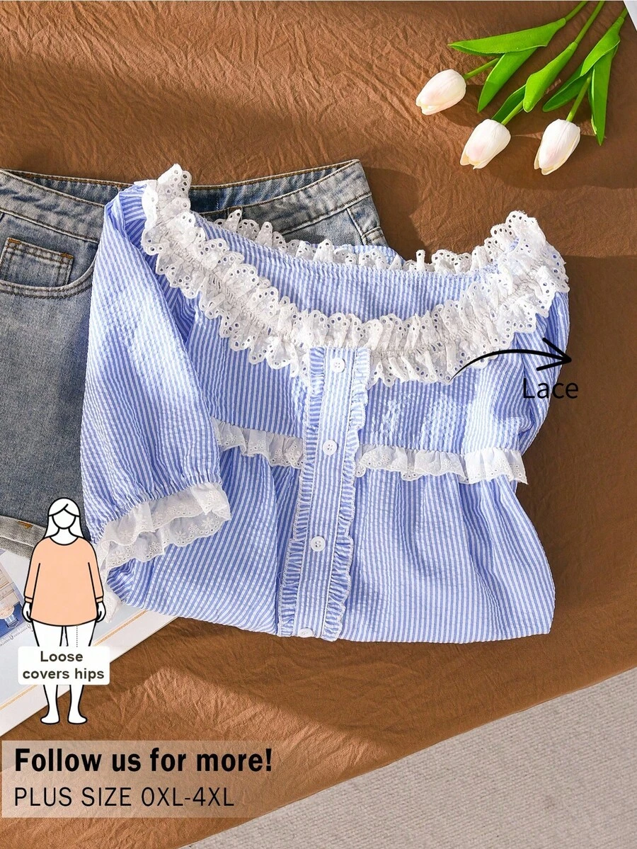 CosyJoli Áo kiểu mùa hè cỡ lớn kẻ sọc viền ren dáng thường ngày - Màu xanh lam - Xem 1