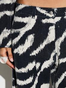 KIZN Wide Leg High Rise Zebra Print Denim Jeans With Flared Palazzo Style Silhouette Animal Print Statement Piece Fall Winter Fashion - Multicolor - View 4