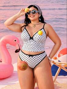 Swim Mod 2026新款加大码女式两件套泳衣，随机几何印花，时尚休闲简约蝴蝶结可调节加粗肩带高腰高衩三角比基尼 - 黑與白 - 查看 4