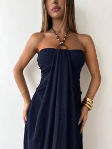 Aloruh Women's Ruched Halter Neck Casual Party Long Dress,Dresses For Women Summer - Navy Blue - View 6