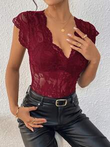 Bluhae Elegant Sexy Lace Trim & Patchwork Sleeveless Bodysuit For Women - Burgundy - View 5