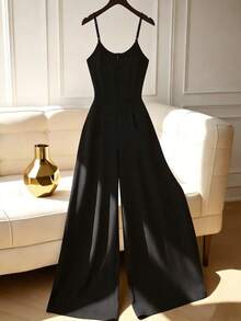 Elenzga Plus Size Women Casual Solid Color Cinched Waist Jumpsuit - Black - View 2