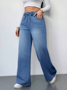 SHEIN Tall 女款休閒高腰寬腿牛仔長褲 藍色 夏季女裝彈性腰頭牛仔褲 高個女性適用 - 中等水洗藍 - 查看 5