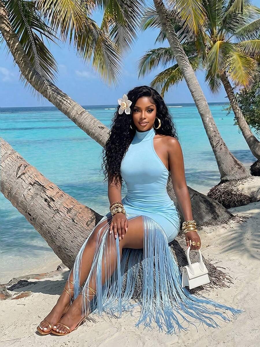 SHEIN BamGlam Vestido de mujer con cuello halter, plisado y con flecos en el bajo, versátil y de moda, adecuado para citas y festivales de música - Azul - Ver 1