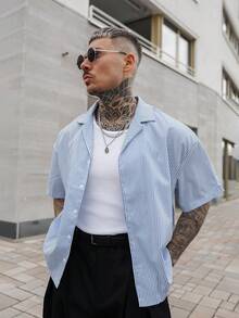 Artur Kramer 男士条纹短袖单排扣休闲/商务衬衫 - 藍白色 - 查看 6