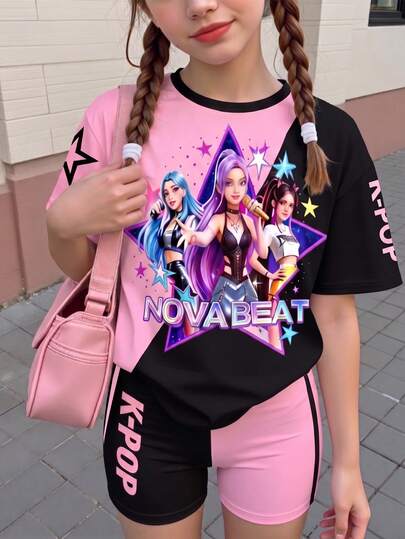 Girls' Casual Fashion Creative Personalized, Fresh And Stylish, Minimalist Cool, Virtual Girl Combination, Contrast Color Letter Print T-Shirt And Biker Shorts Set, Comfortable Summer And Autumn Style, Suitable For Teenage Girls Daily Sportswear