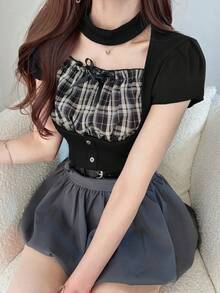 FRIFUL 女士格子拼接泡泡短袖修身腰部纽扣装饰甜辣风T恤，夏季 - 黑色 - 查看 5