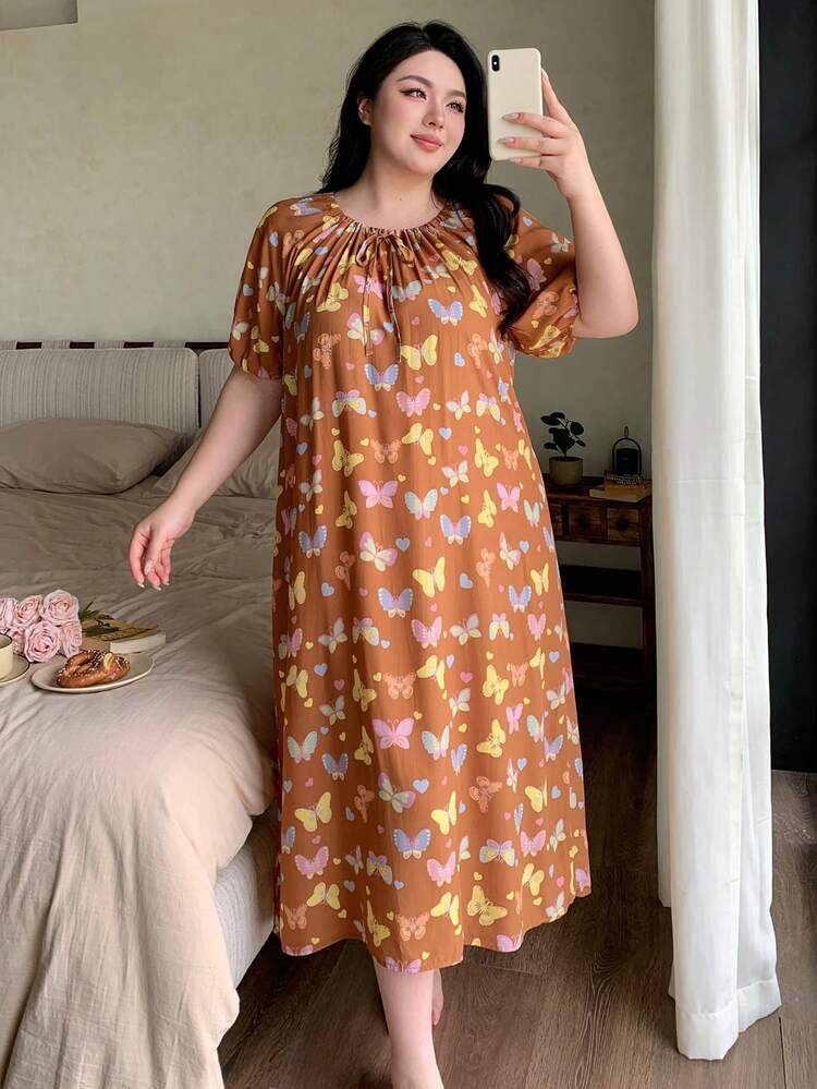 Dazy Plus Plus Size Women Butterfly Print Ruched Tie Neck Loose Casual Summer Short Sleeve Nightgown