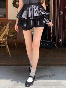 DAZY 女士纯色弹力腰荷叶边超短裙，性感沙滩夏日裙 - 黑色 - 查看 8