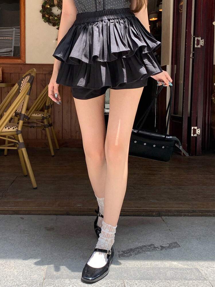 Women's Solid Color Elastic Waist Ruffle Hem Super Skirt, Sexy Beach Summer Skirt
