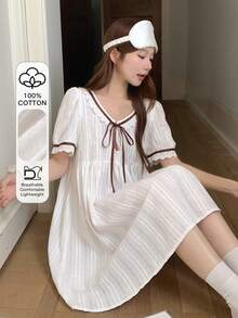 Livesso Áo ngủ nữ tay ngắn dáng rộng buộc dây phía trước - trắng - Xem 1