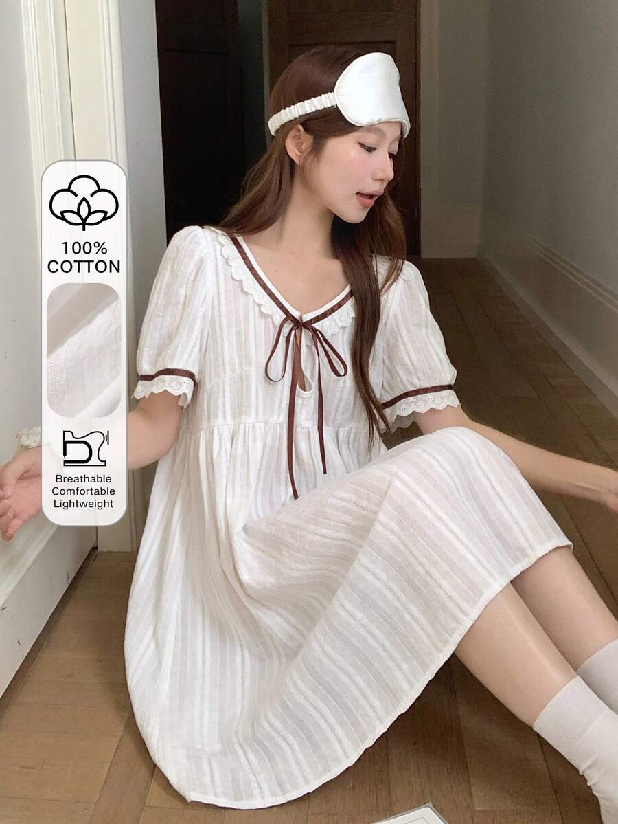 Livesso Áo ngủ nữ tay ngắn dáng rộng buộc dây phía trước - trắng - Xem 1