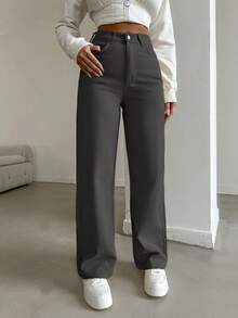 EURMUSE Jeans rectos de cintura alta de unicolor 100% algodón para mujer - Gris Oscuro - Ver 3