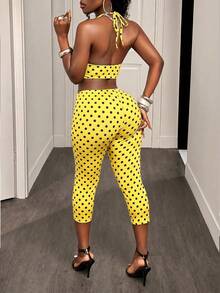 BamGleam Set de 2 piezas: Top halter sin espalda con estampado de lunares y leggings, para verano y sexy - Amarillo - Ver 2