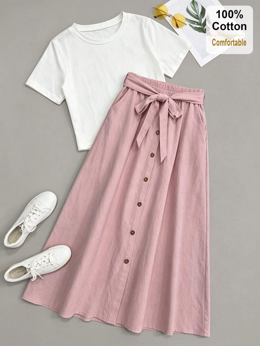 Modelyn Conjunto de 2 piezas de camiseta blanca + falda casual y elegante de corte evasé con bolsillo y cintura elástica al estilo coreano para mujeres - Multicolor - Ver 1