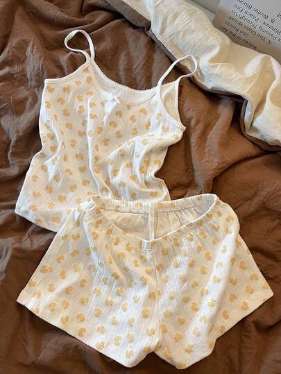 Resyla Women's Spaghetti Strap All-Over Print Casual Comfortable 2 Pieces Set, Summer