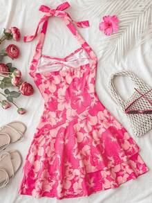 SHEIN Đầm ngắn ôm dáng cổ yếm xếp ly in hoa cho bé gái tuổi teen, họa tiết hoa dâm bụt hồng, thích hợp cho kỳ nghỉ xuân hè ở bãi biển, dự tiệc không tay thời trang, hẹn hò, ngày Valentine, lễ Phục sinh, lễ hội hóa trang, kỳ nghỉ trên du thuyền. - Màu Hồng Tươi - Xem 2