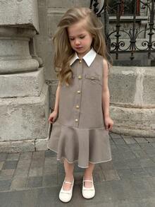 Dazy Kids Young Girl Colorblock Houndstooth Print Lapel Single-Breasted Ruffle Hem Dress Summer - Khaki - View 7