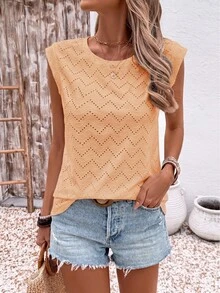 EMERY ROSE Summer Casual Boho Solid Color Textured Wide Shoulder T-Shirt Vacation Burnt Orange - Orange - View 3