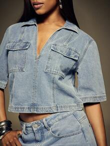 Denimoi Áo denim lửng dáng hộp có túi nắp - Rửa nhẹ - Xem 2