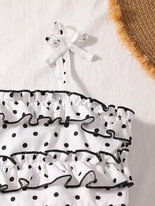 SHEIN Genkimix Kids 女童波点印花荷叶边吊带背心和蛋糕裙套装 - 白色 - 查看 3
