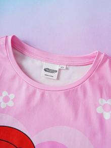 THE POWERPUFF GIRLS X SHEIN 2件套少女休闲圆领短袖T恤和短裤舒适两件套，联名睡衣 - 粉色 - 查看 3