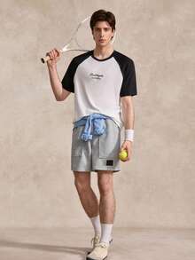 Courvante 男士運動風拼色淺灰色針織健身短褲，附口袋，適合網球、時尚休閒與男友風 - 淺灰色 - 查看 2