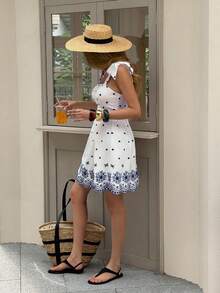 SHEIN LUNE 女士休闲刺绣撞色夏季度假/通勤日常基本款时尚系带无袖迷你连衣裙 - 藍白色 - 查看 3