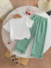 SHEIN Genkimix Kids Set de 2 piezas con camiseta con estampado de letras y pantalones a cuadros para niña - Verde - Ver 2