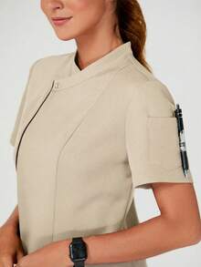 TaskEZ Women's Versatile Contrast Color Button-Up Short Sleeve Work Blouse - Apricot - View 3