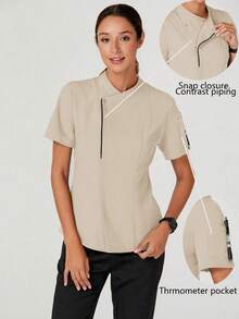 TaskEZ Women's Versatile Contrast Color Button-Up Short Sleeve Work Blouse - Apricot - View 9