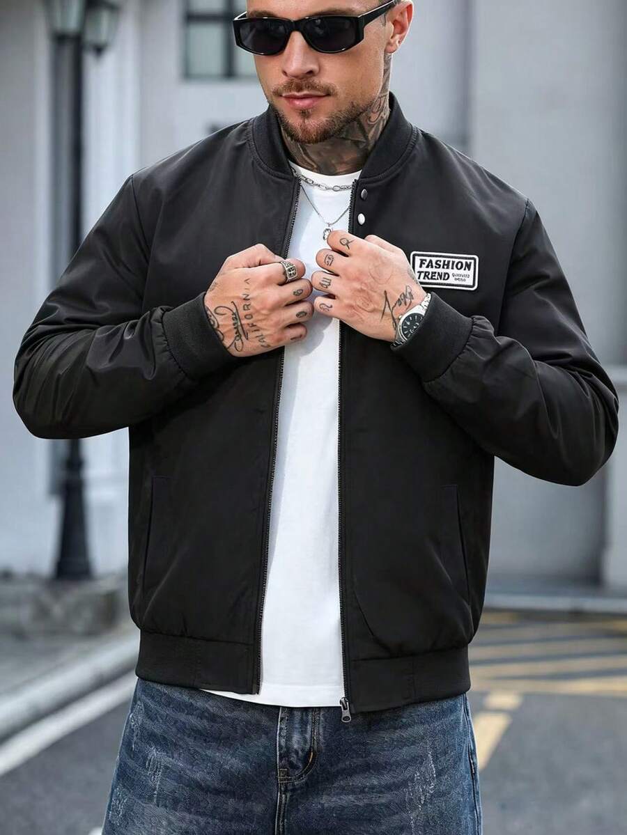 Manfinity CasualCool Men's Letter Embroidered Zip-Up Baseball Jacket - Black - View 1