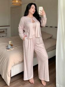 Dazy Plus 3pcs/Set Cute Ditsy Floral Contrast Trim Plus Size Women Pajama Set, Suitable For Spring, Summer, Autumn - Baby Pink - View 8