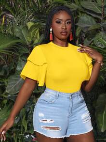 Slaydiva Mono de Body entero con múltiples volantes en las mangas para vacaciones de verano, para mujeres de talla grande. Mono de Body entero blanco de talla grande - Amarillo - Ver 4