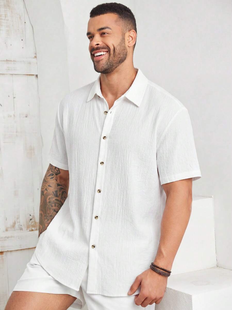EASEVO Plus Size Men's Solid Color Short Sleeve Single-Breasted Casual Shirt, Vacation, Father's Day Gifts - White - View 1