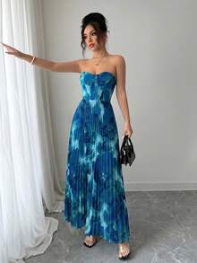 Elenzga Strapless Shirred Pleated Full Print Dress - Blue Power - View 6