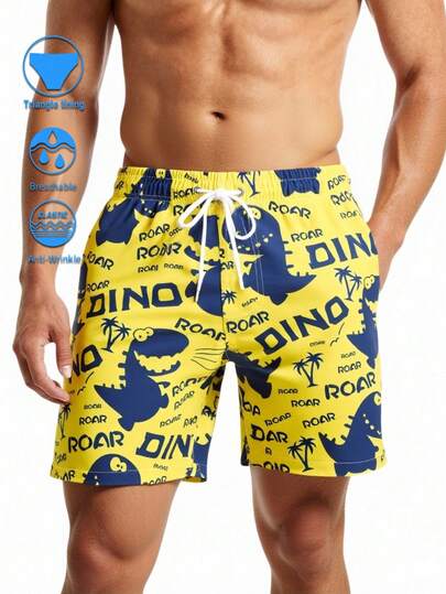 Manfinity Swimmode Summer Holiday Men's Contrast Color Elastic Waist Drawstring Casual All-Over Print Summer Beach Shorts Holiday / Vacation / Beach / Hawaii / Tropical / Swim /  Bathing