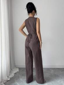 Modelyn 女士条纹棉质无袖背心，金属扣裹身式上衣，优雅干练的办公室两件套套装 - 棕色 - 查看 2