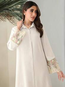 Al Najma Women's Floral Embroidered Mesh Patchwork Arabic Style Dress - Apricot - View 3