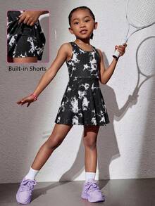 SHEIN 女童扎染印花无袖运动连衣裙 - 黑與白 - 查看 2