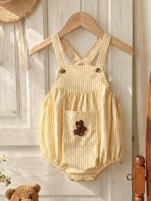 SHEIN Vintaside Kids 新生儿条纹小熊印花连体衣 - 黃色 - 查看 4