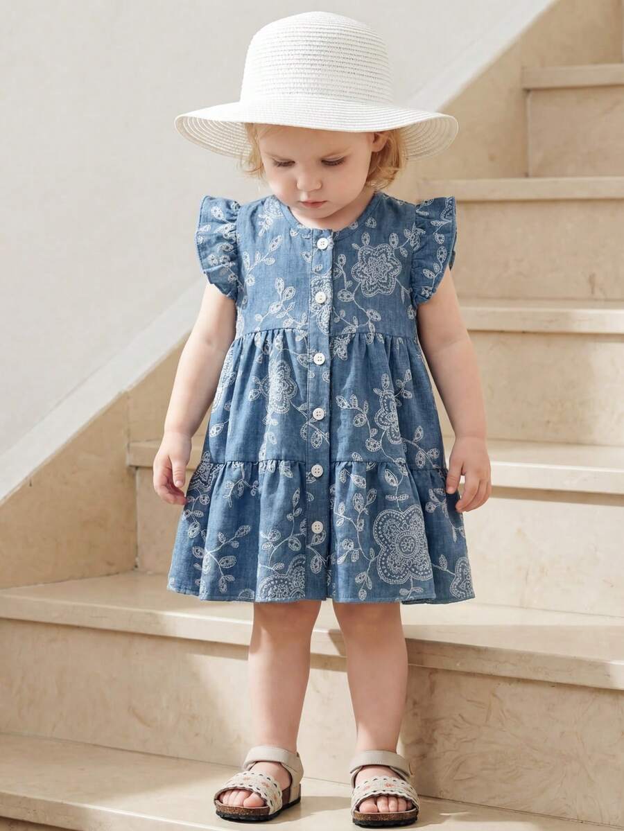 SHEIN Vintaside Kids 女婴夏季无袖时尚休闲优雅衬衫裙，适合外出、旅行、海滩玩耍或日常休闲聚会和散步。 - 藍色 - 查看 1
