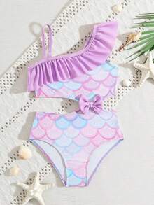 SHEIN Young Girl Iridescent Fish Scale Pattern High Elasticity Soft Comfortable One-Piece Swimsuit - Purple - View 1