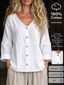 SHEIN Holidaya Women's Summer Casual 100% Cotton V-Neck Blouse, Beach Holiday Tops, Elegant Vacation Outfit, White Shirt, Commuter Wear - White - View 1