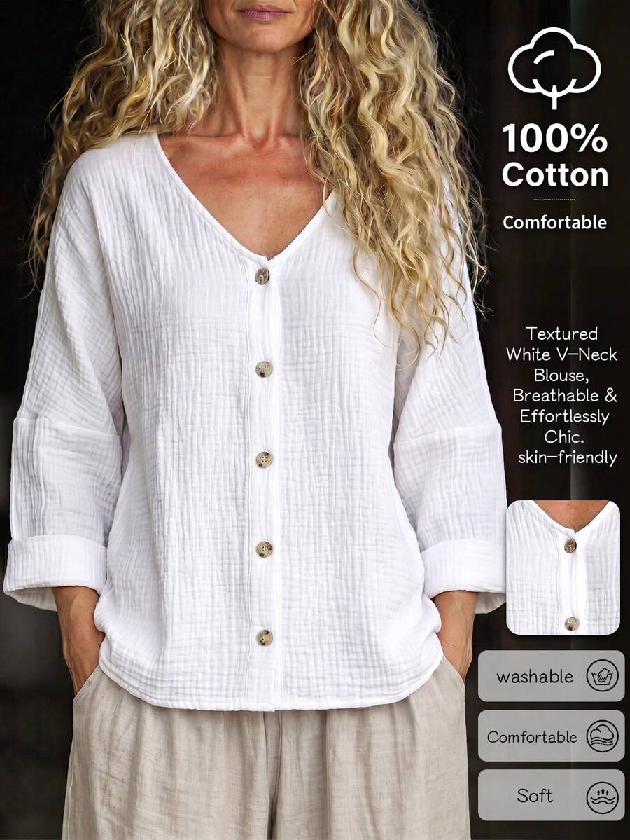 SHEIN Holidaya Women's Summer Casual 100% Cotton V-Neck Blouse, Beach Holiday Tops, Elegant Vacation Outfit, White Shirt, Commuter Wear - White - View 1
