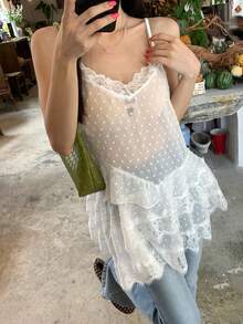 DAZY 女士夏季薄纱瑞士圆点撞色蕾丝荷叶边吊带背心 - 白色 - 查看 7